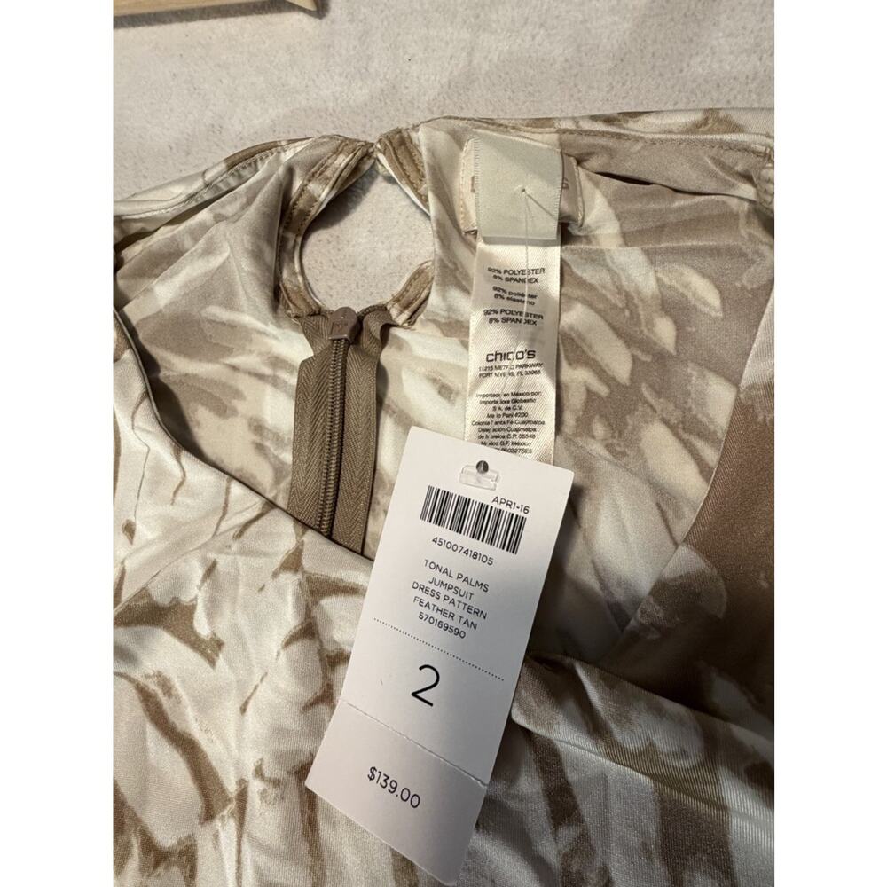 Chico's Palm Pattern Jumpsuit Wide-Leg Sleeveless Feather Tan Size 2 - Picture 4 of 14